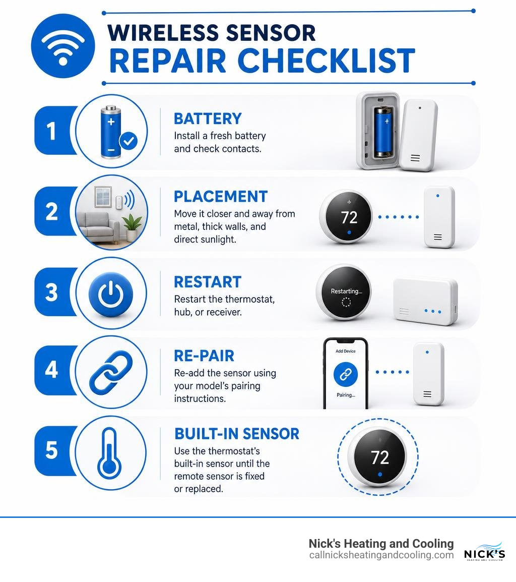 Wireless sensor repair checklist: battery, placement, restart, re-pair, built-in sensor infographic