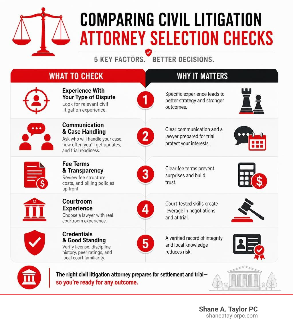 Infographic comparing civil litigation attorney selection checks infographic Infographic comparing civil litigation attorney selection checks infographic