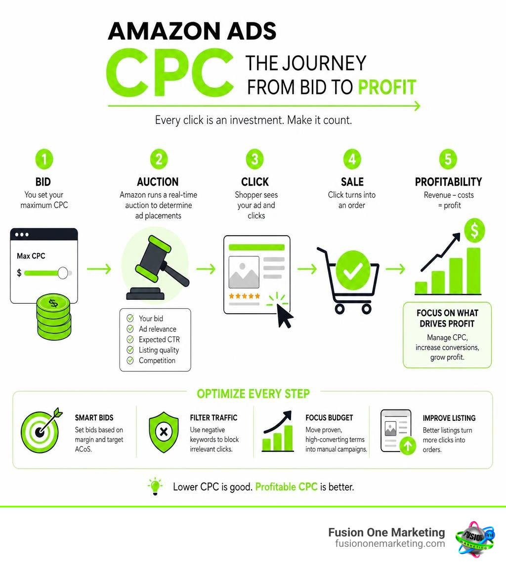 Amazon Ads CPC bidding from bid and auction to click, sale, and profitability infographic