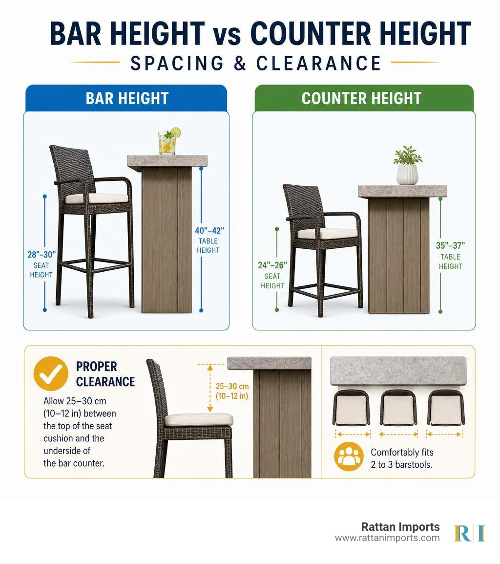 Bar height vs counter height spacing and clearance infographic Bar height vs counter height spacing and clearance infographic