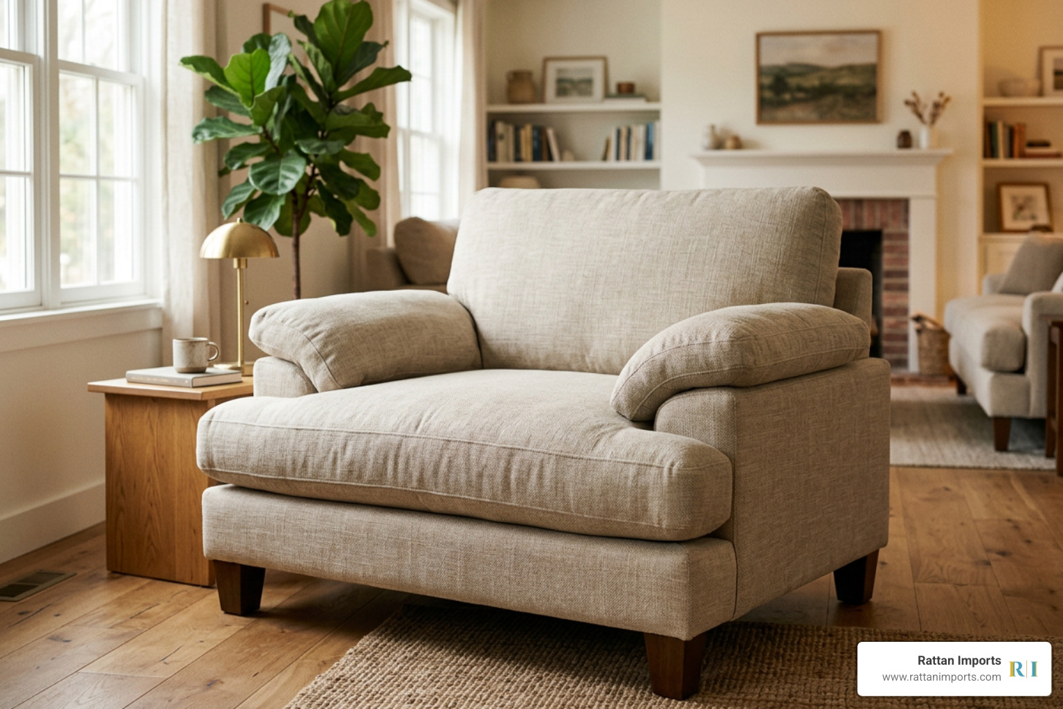 deep wide armchair highlighting seat proportions and armrest structure