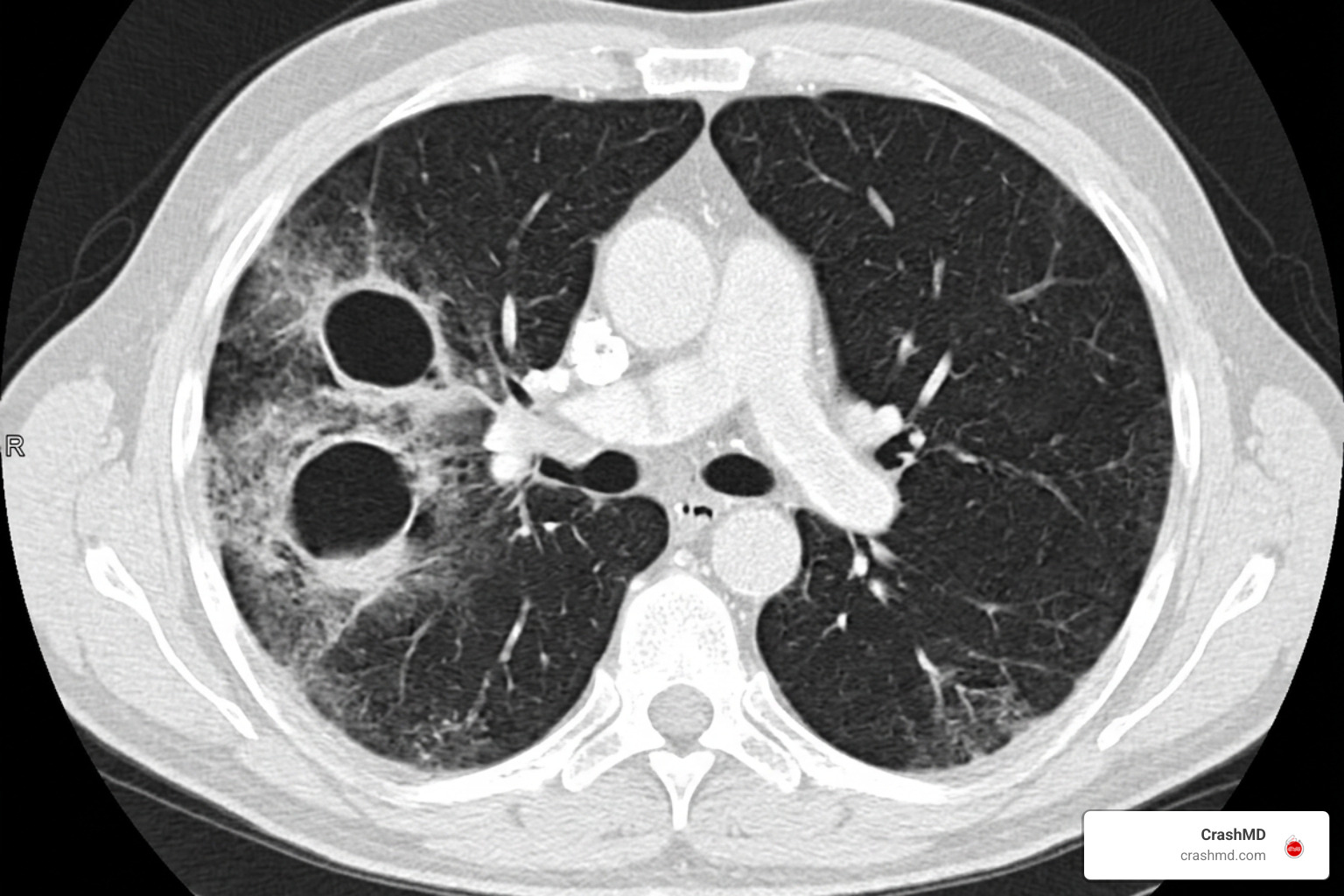 axial contrast-enhanced CT scan demonstrating ovoid parenchymal cavities axial contrast-enhanced CT scan demonstrating ovoid parenchymal cavities