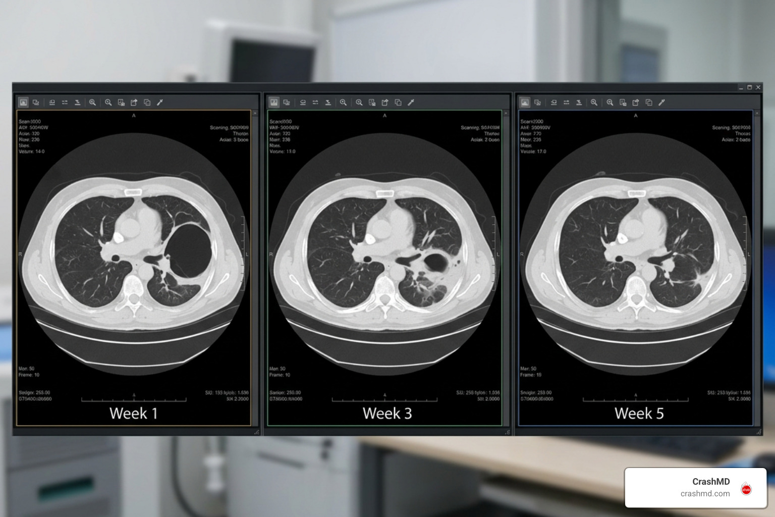 serial CT scans tracking the resolution of a traumatic lung cyst over five weeks serial CT scans tracking the resolution of a traumatic lung cyst over five weeks