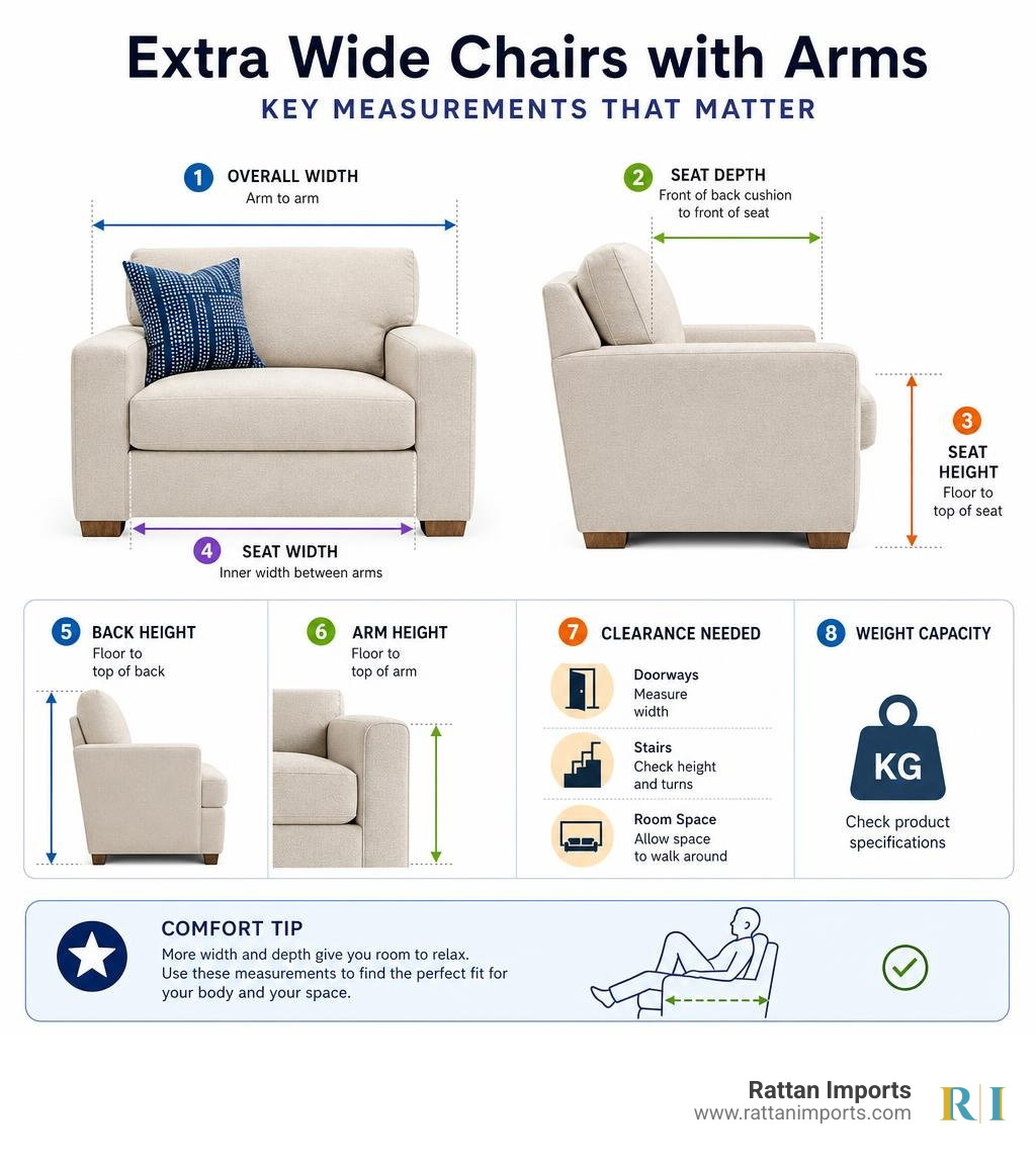 Infographic showing key measurements for extra wide chairs with arms infographic
