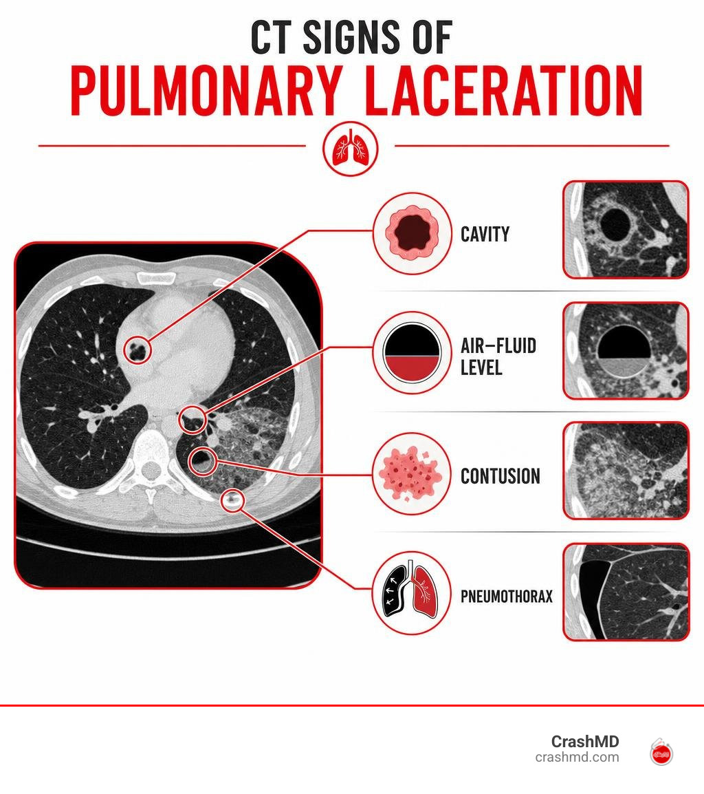 Infographic showing CT signs of pulmonary laceration: cavity, air-fluid level, contusion, pneumothorax infographic Infographic showing CT signs of pulmonary laceration: cavity, air-fluid level, contusion, pneumothorax infographic