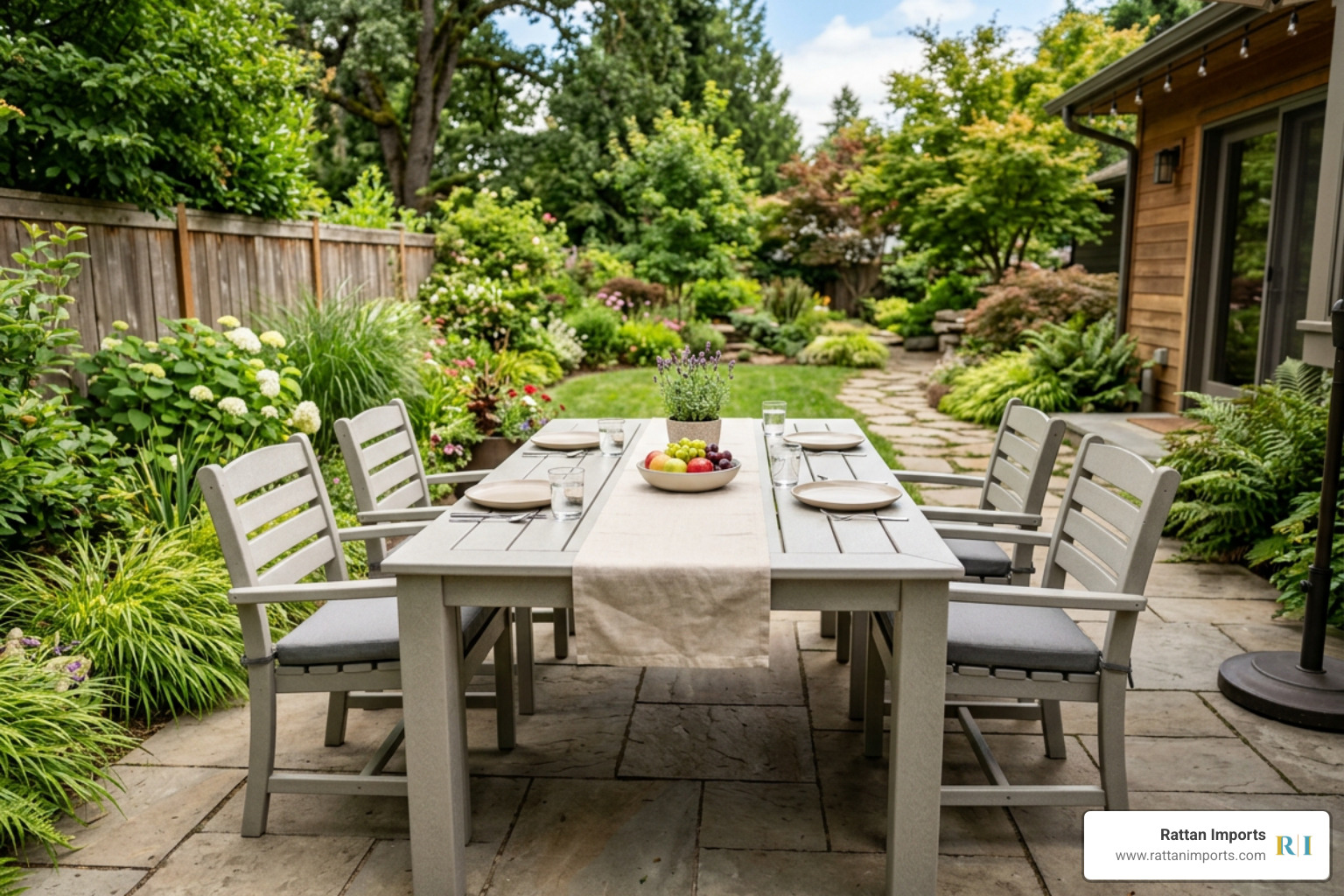 Outdoor dining table materials comparison: HDPE, hardwoods, aluminum, wicker, and cement