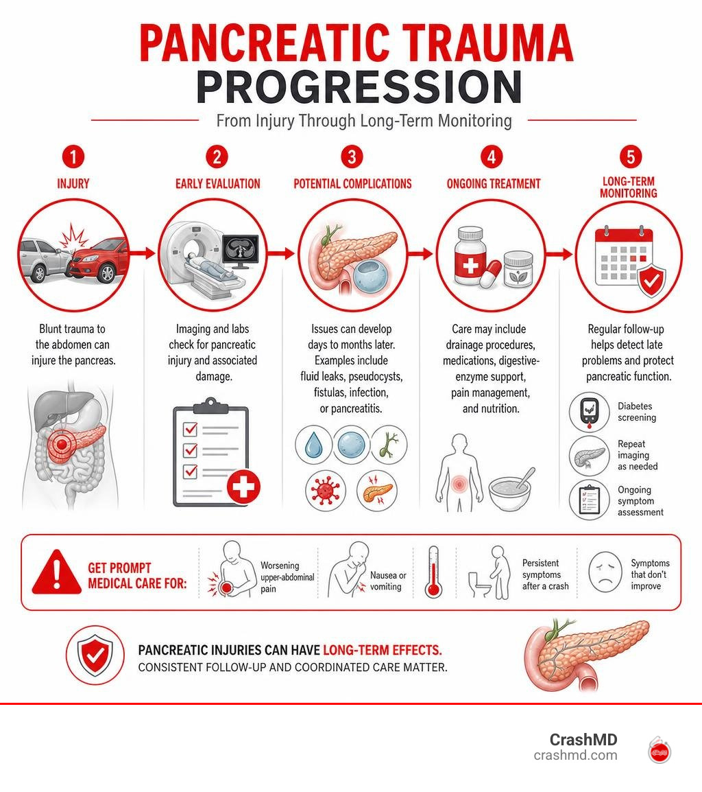 Pancreatic trauma progression from injury through long-term monitoring infographic