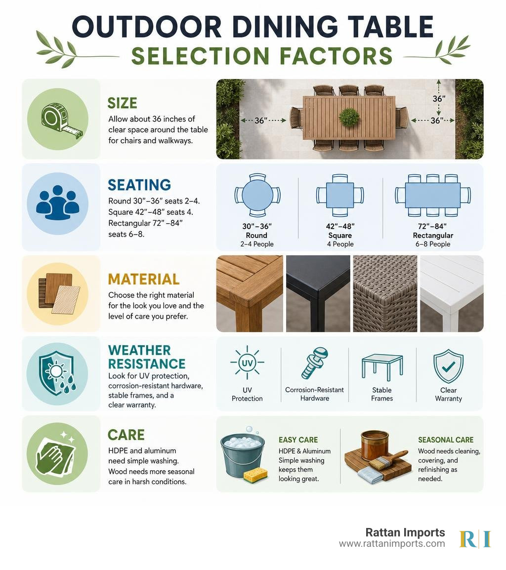 Outdoor dining table selection factors: size, seating, material, weather resistance, care infographic