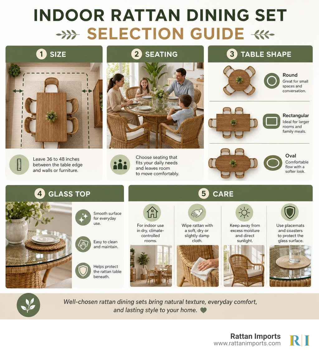 Indoor rattan dining set selection guide: size, seating, table shape, glass top, and care infographic Indoor rattan dining set selection guide: size, seating, table shape, glass top, and care infographic