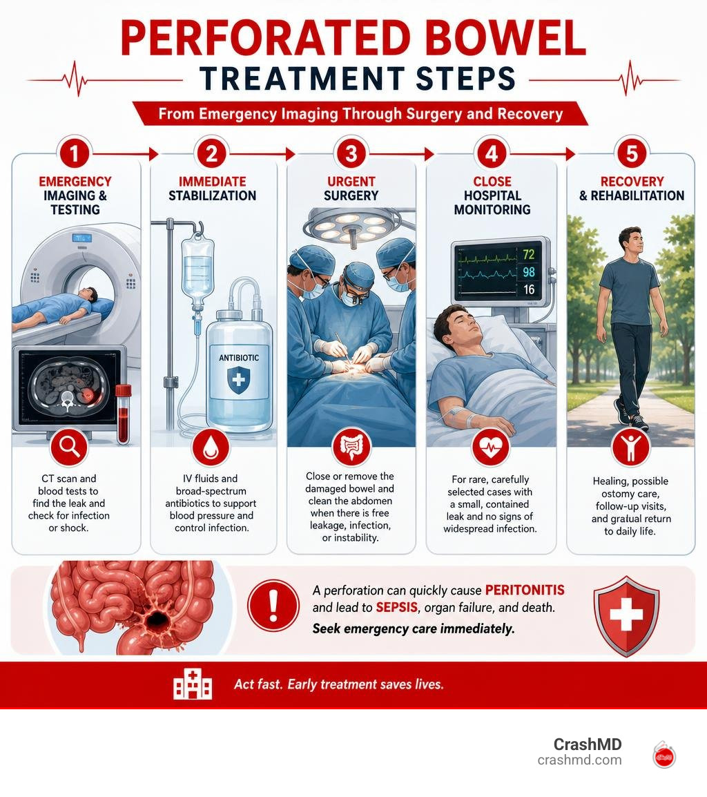 Perforated bowel treatment steps from emergency imaging through surgery and recovery infographic Perforated bowel treatment steps from emergency imaging through surgery and recovery infographic