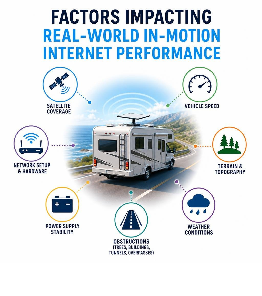 Factors Impacting Real-World In-Motion Internet Performance infographic Factors Impacting Real-World In-Motion Internet Performance infographic