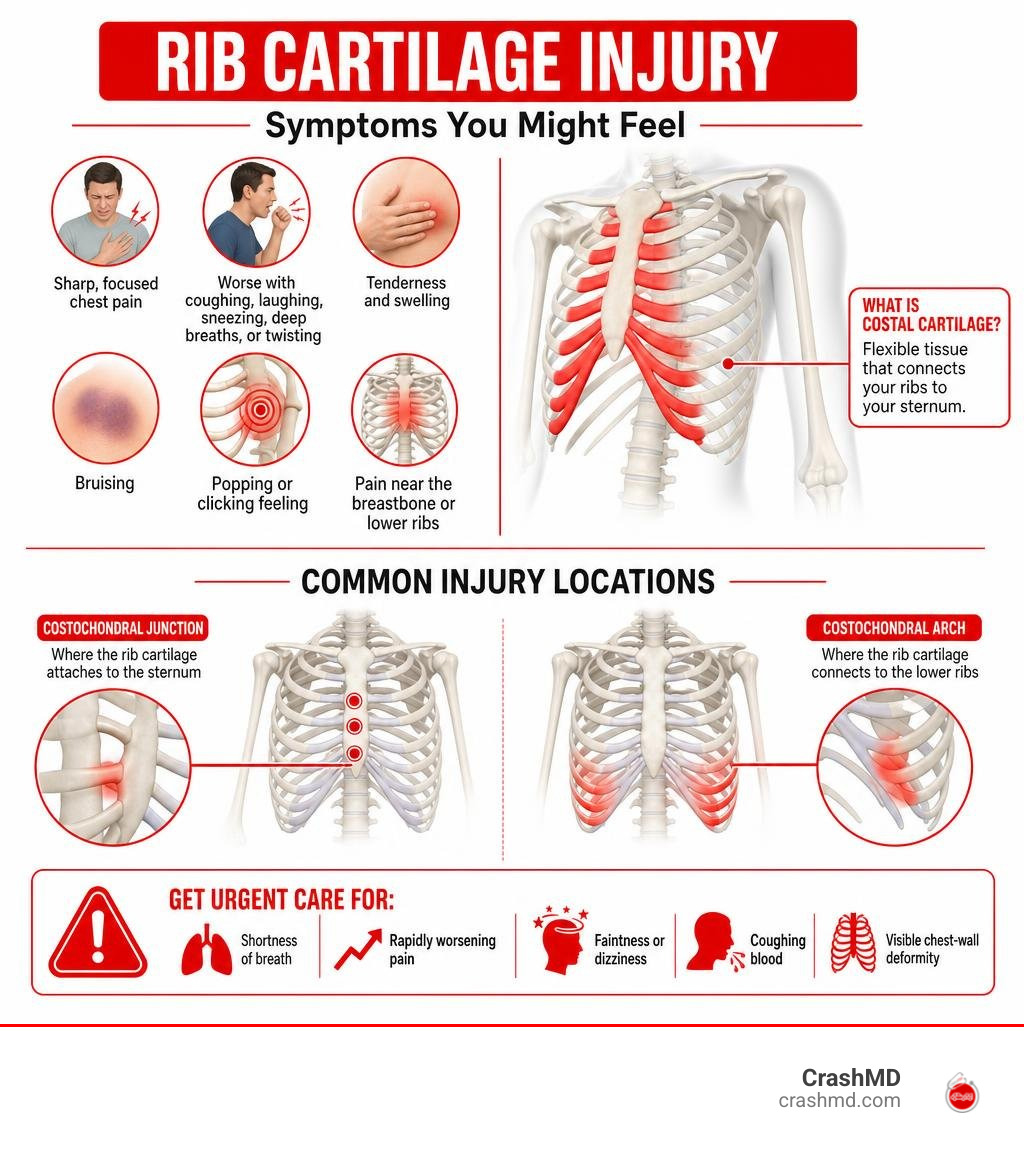 Rib cartilage injury symptoms and common injury locations infographic