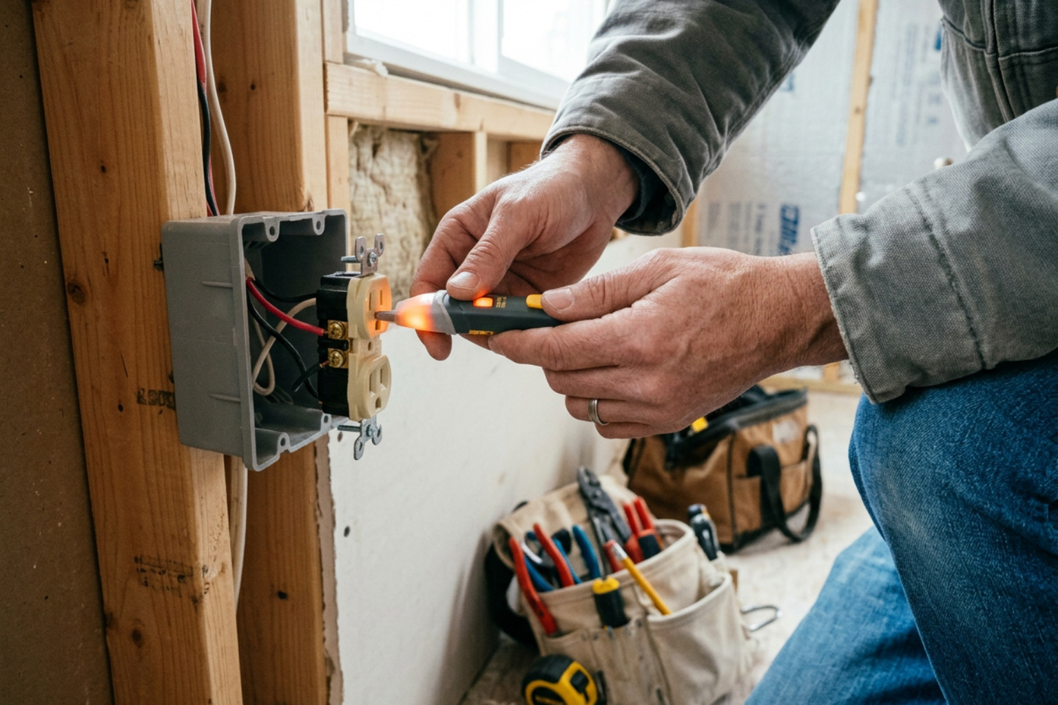 Non-contact voltage tester checking an outlet box Non-contact voltage tester checking an outlet box