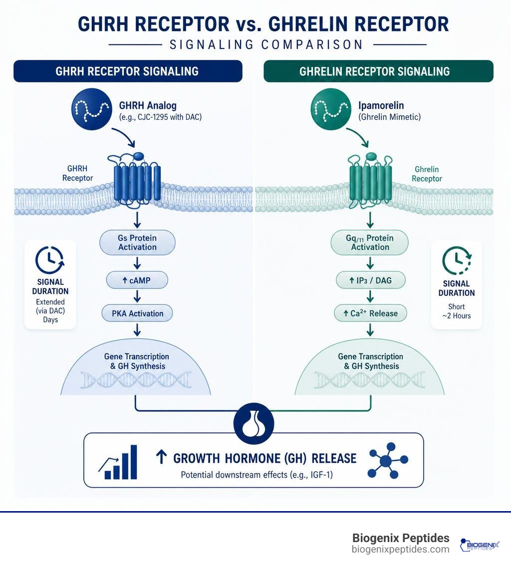 Infographic comparing GHRH receptor and ghrelin receptor signaling infographic