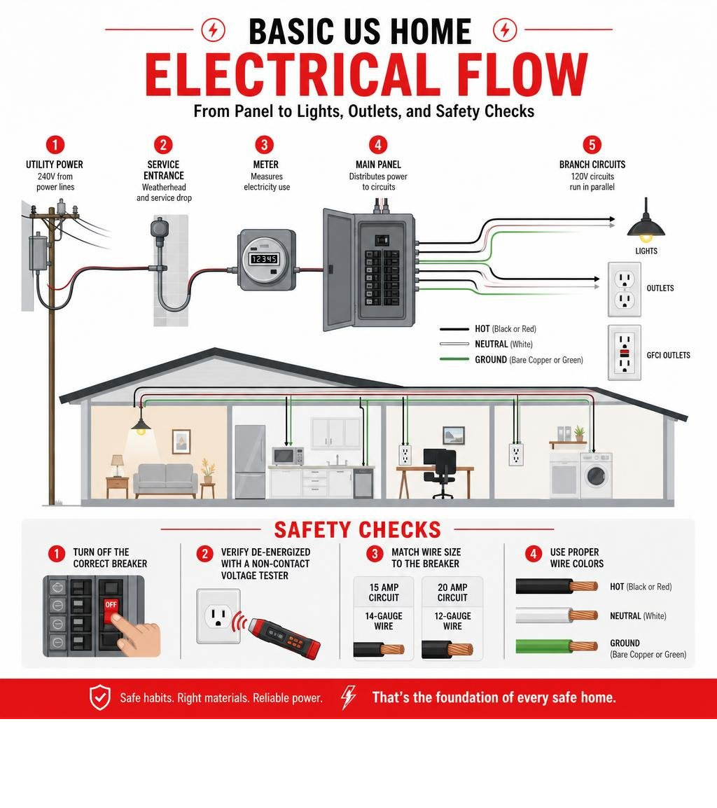 Basic US home electrical flow from panel to lights outlets and safety checks infographic Basic US home electrical flow from panel to lights outlets and safety checks infographic