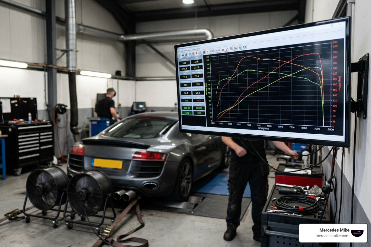 Dynamometer screen showing horsepower and torque curves