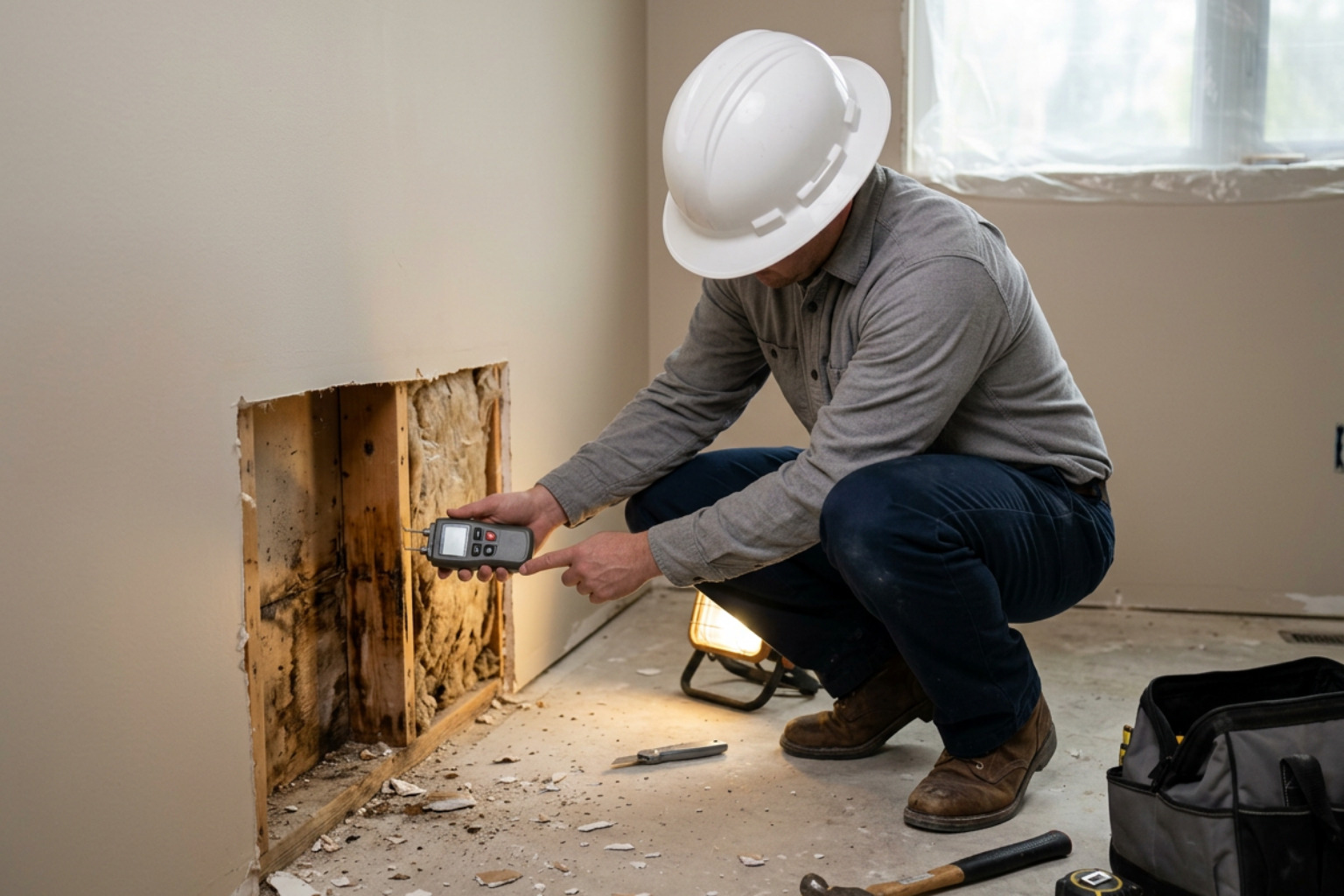 Adjuster inspecting hidden structural moisture damage behind drywall Adjuster inspecting hidden structural moisture damage behind drywall