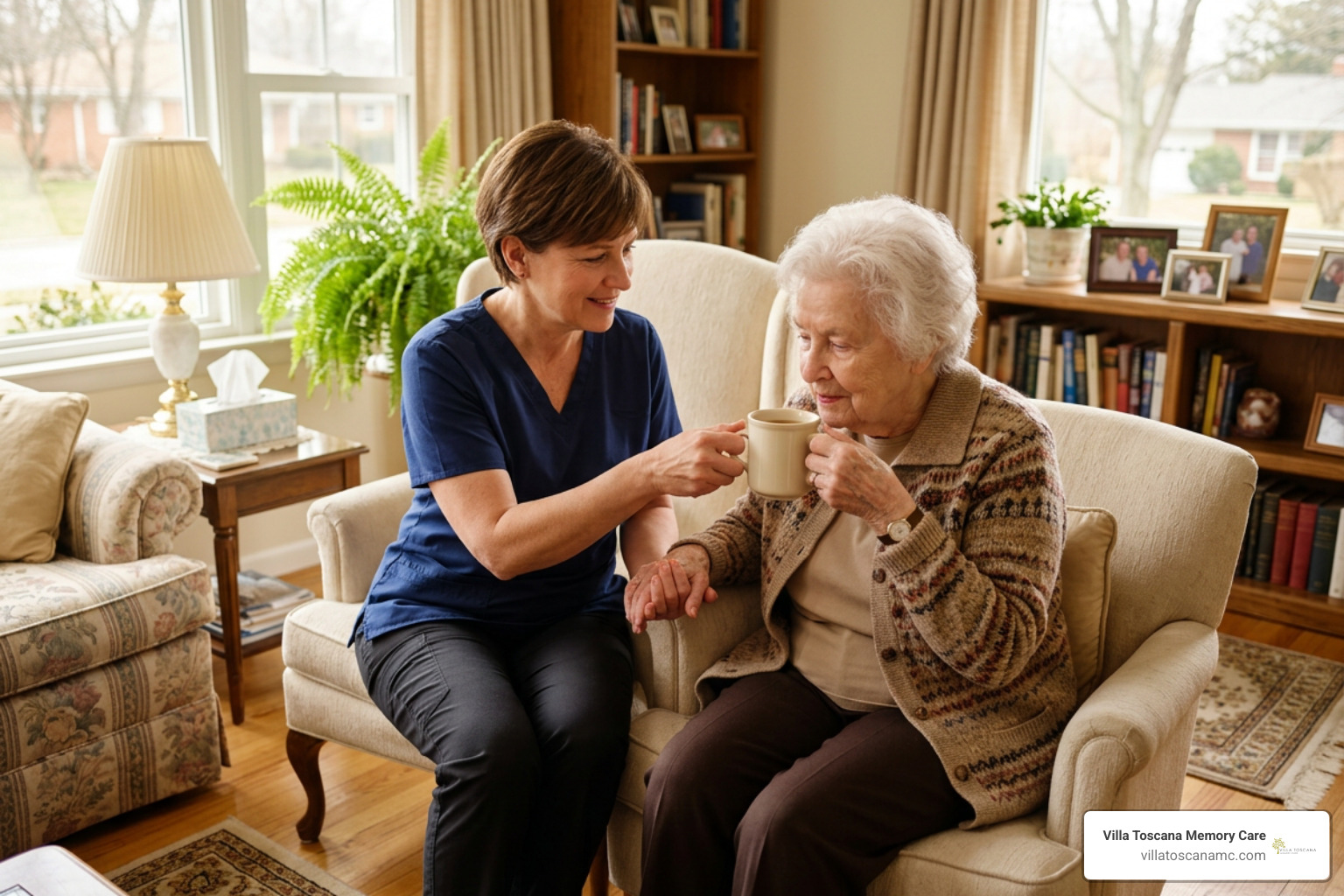 Caregiver assisting an older adult with daily living activities at home