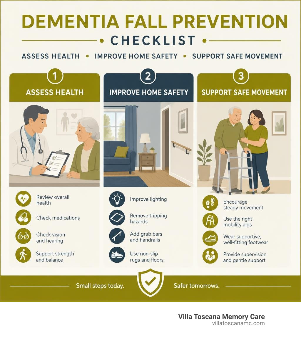 Dementia fall prevention checklist: assess health, improve home safety, support safe movement infographic Dementia fall prevention checklist: assess health, improve home safety, support safe movement infographic