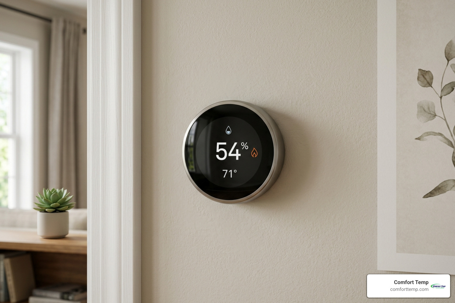 smart thermostat on an interior wall displaying indoor relative humidity smart thermostat on an interior wall displaying indoor relative humidity