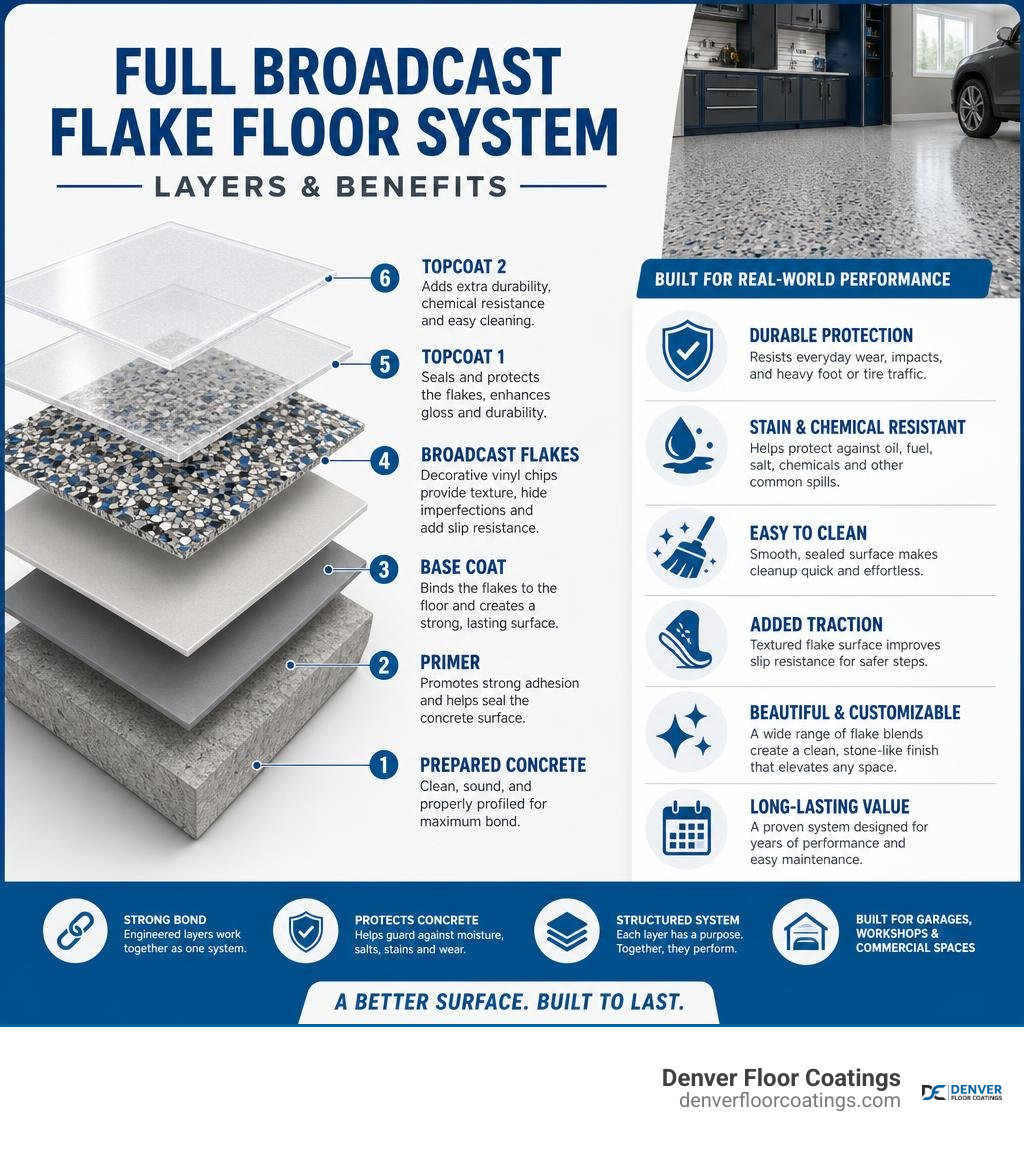 Full broadcast flake floor system layers and benefits infographic
