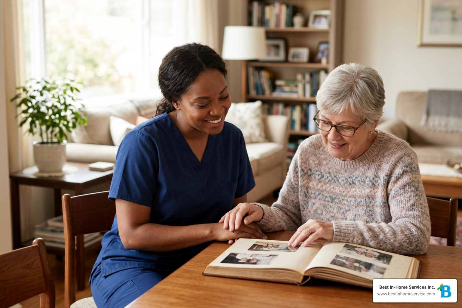 Caregiver assisting a senior with engaging cognitive activities at home