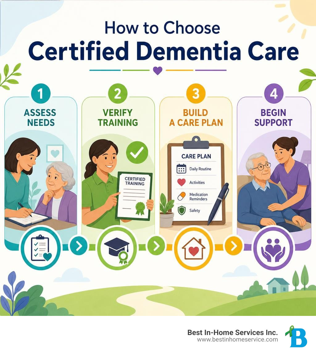 How to choose certified dementia care: assess needs, verify training, build a care plan, begin support infographic