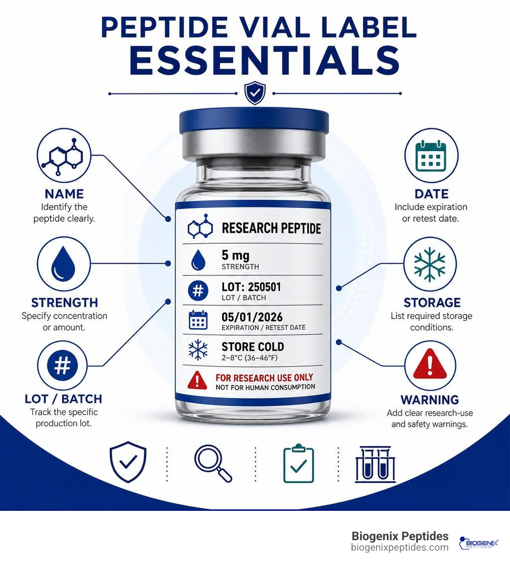 Infographic showing peptide vial label essentials: name, strength, lot, date, storage, warning infographic