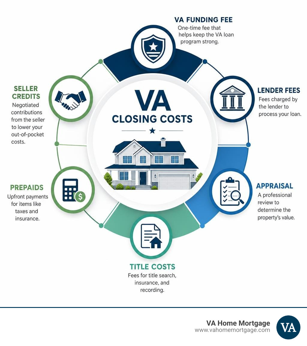 Infographic showing VA funding fee, lender fees, appraisal, title costs, prepaids, and seller credits infographic Infographic showing VA funding fee, lender fees, appraisal, title costs, prepaids, and seller credits infographic