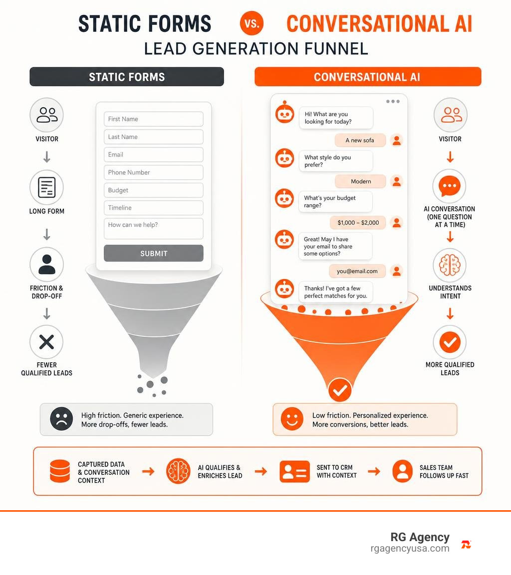 Static forms versus conversational AI lead generation funnel infographic Static forms versus conversational AI lead generation funnel infographic