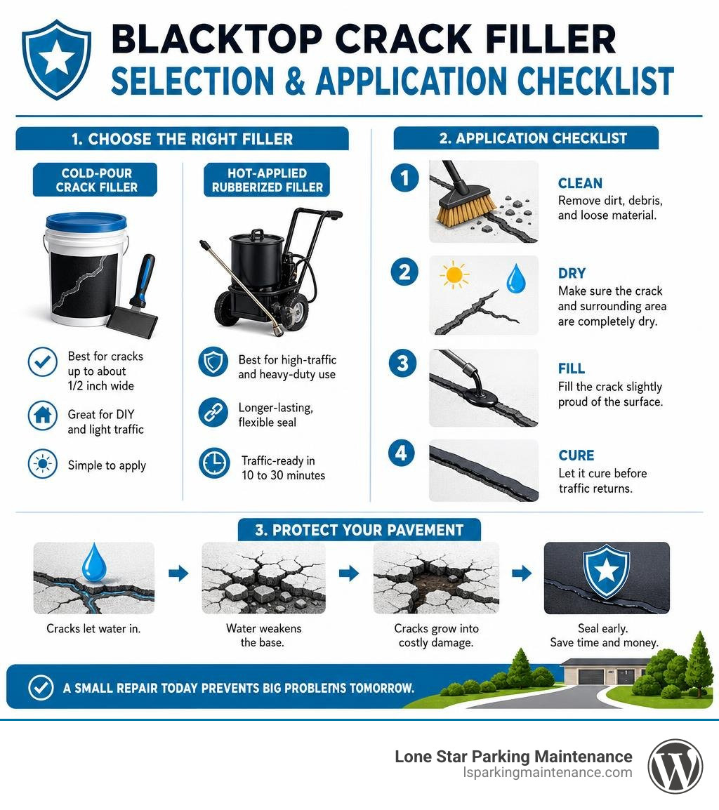 Blacktop crack filler selection and application checklist infographic Blacktop crack filler selection and application checklist infographic