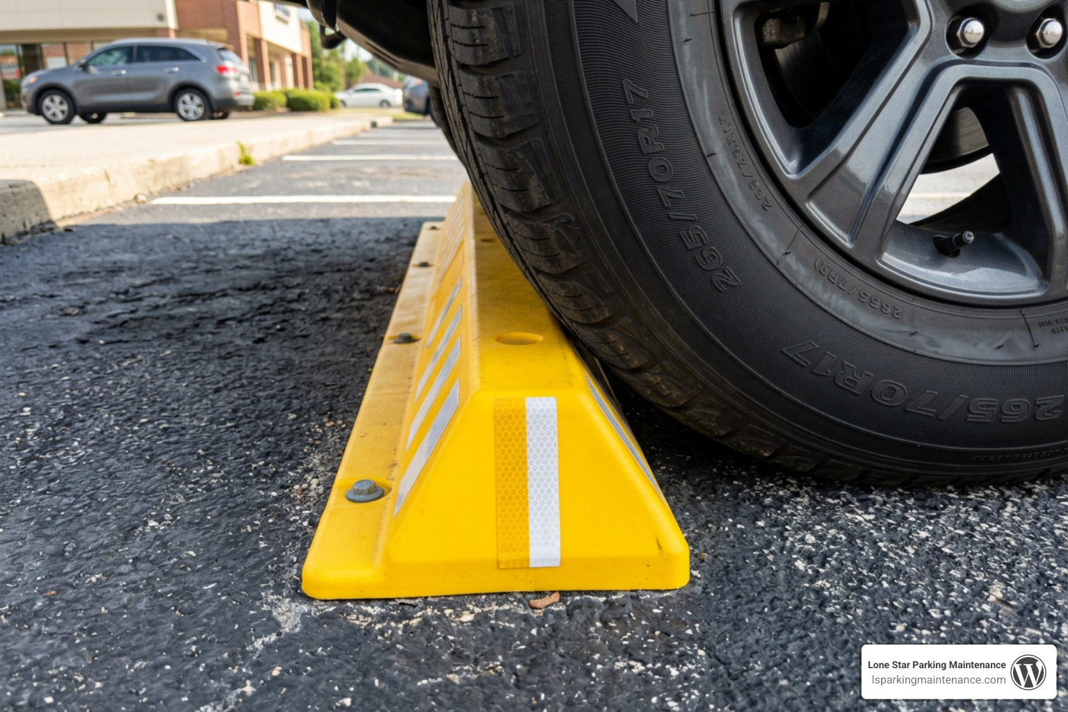 vehicle tire resting against high-visibility wheel stop vehicle tire resting against high-visibility wheel stop