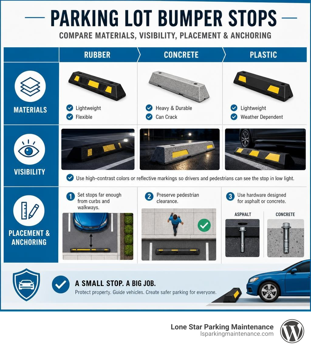 Infographic comparing bumper stop materials, visibility, placement, and anchoring infographic Infographic comparing bumper stop materials, visibility, placement, and anchoring infographic