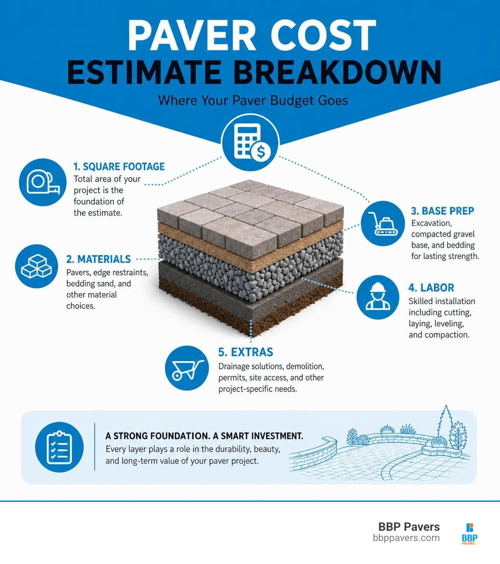 Paver cost estimate breakdown: square footage, materials, base prep, labor, and extras infographic Paver cost estimate breakdown: square footage, materials, base prep, labor, and extras infographic