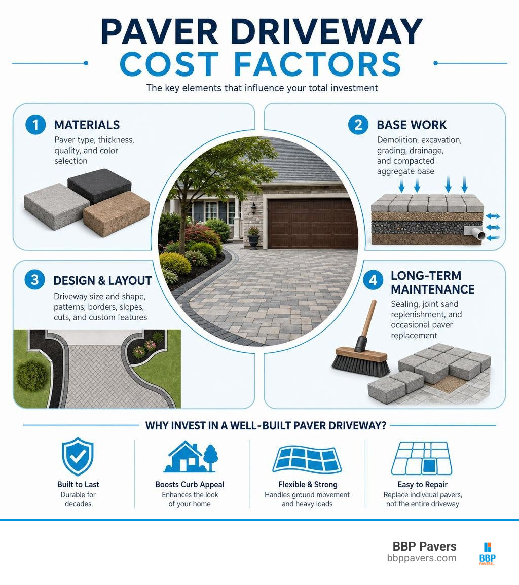 Paver driveway cost factors including materials, base work, design, and long-term maintenance infographic Paver driveway cost factors including materials, base work, design, and long-term maintenance infographic
