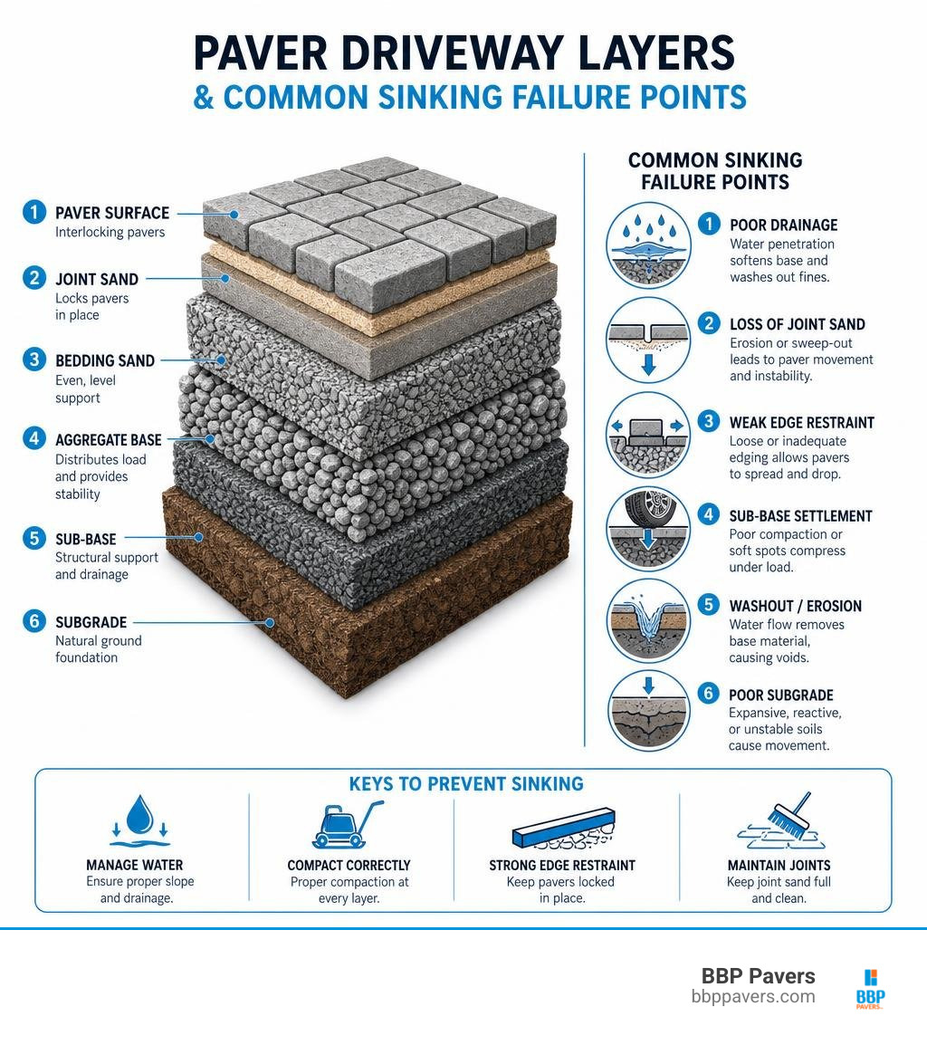 paver driveway layers and common sinking failure points infographic paver driveway layers and common sinking failure points infographic