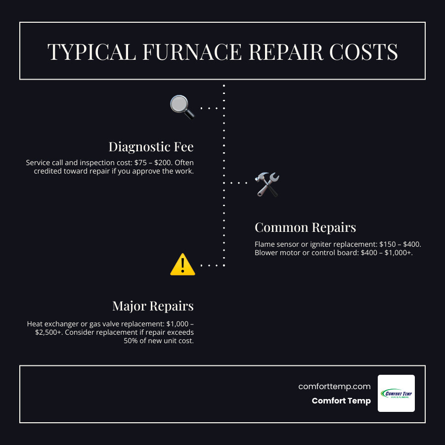 Infographic showing furnace diagnostic fees, common repair costs, and major repair costs infographic Infographic showing furnace diagnostic fees, common repair costs, and major repair costs infographic