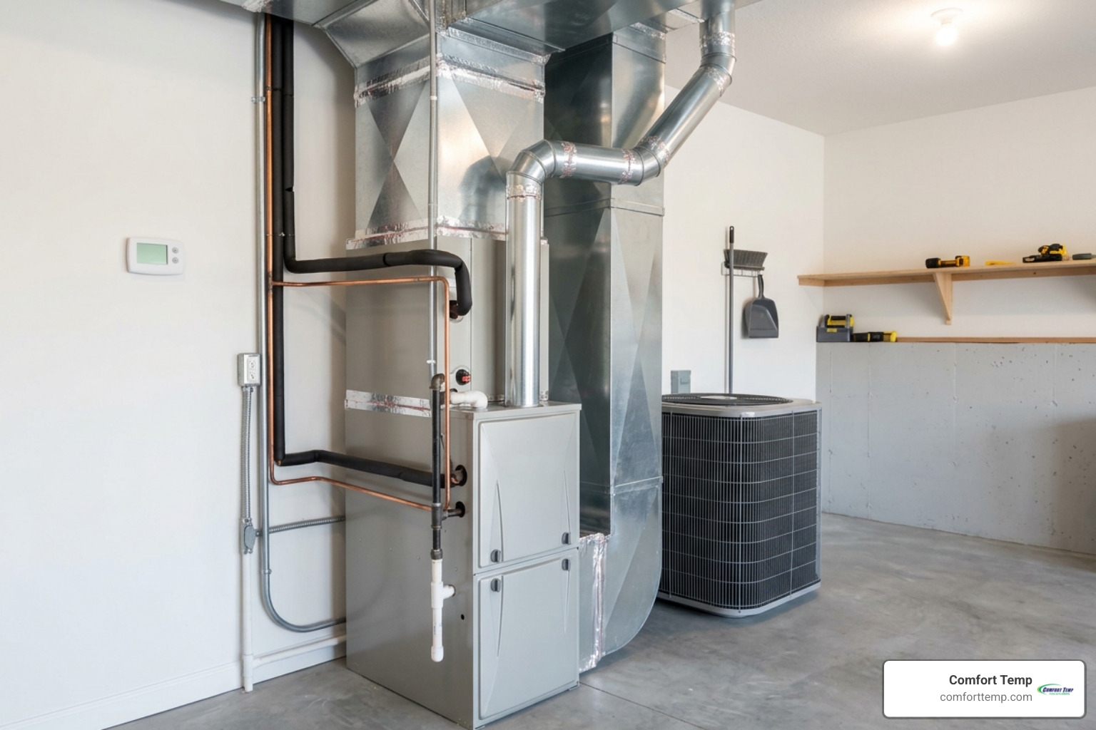 Modern energy efficient residential heating and cooling system installed neatly Modern energy efficient residential heating and cooling system installed neatly
