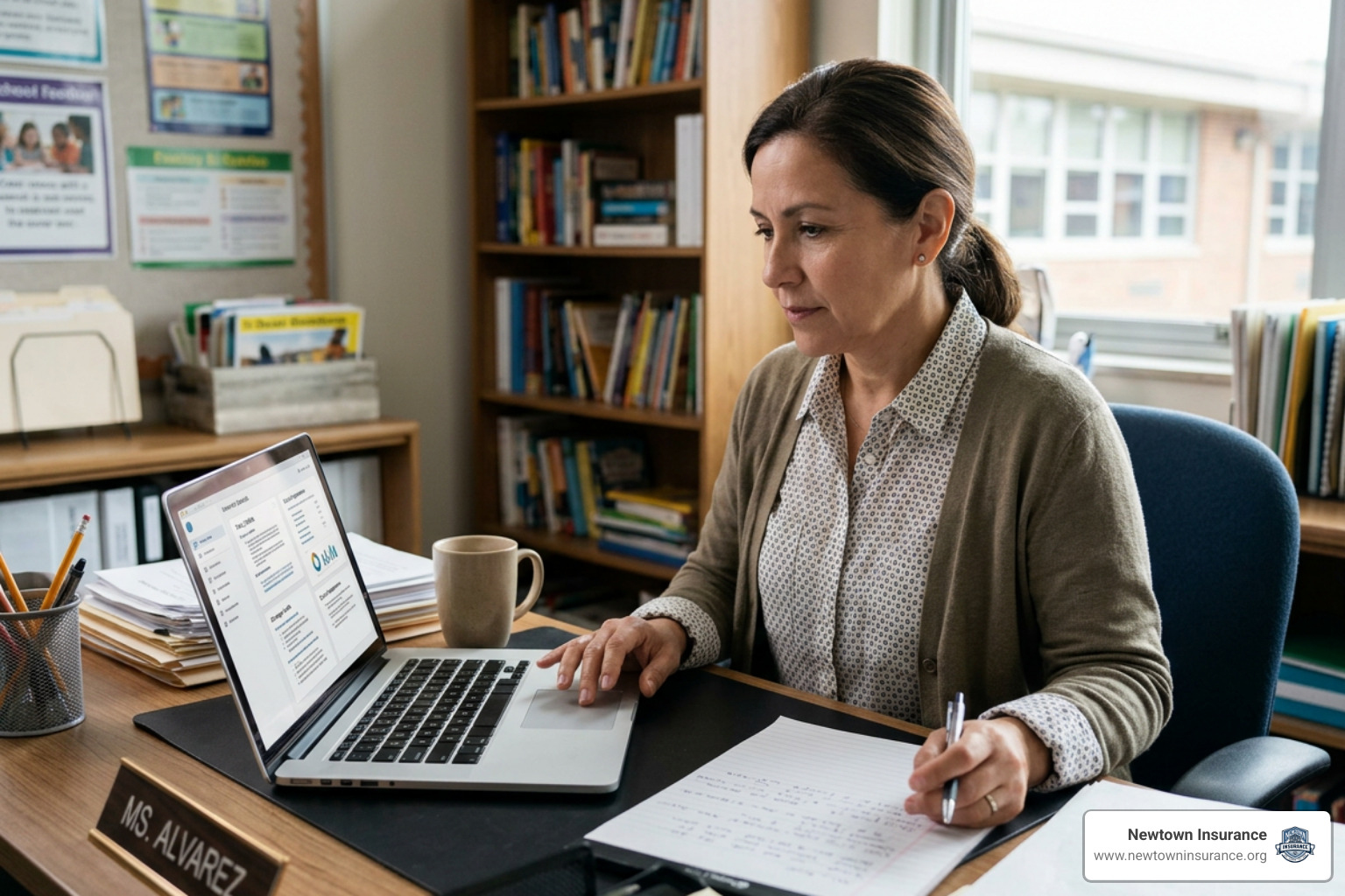 teacher reviewing auto insurance coverage plans on a laptop teacher reviewing auto insurance coverage plans on a laptop
