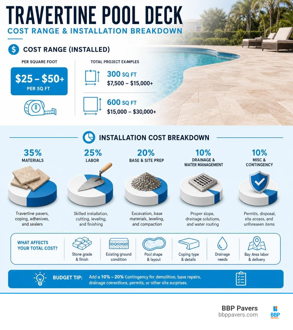 Travertine pool deck cost range and installation cost breakdown infographic Travertine pool deck cost range and installation cost breakdown infographic