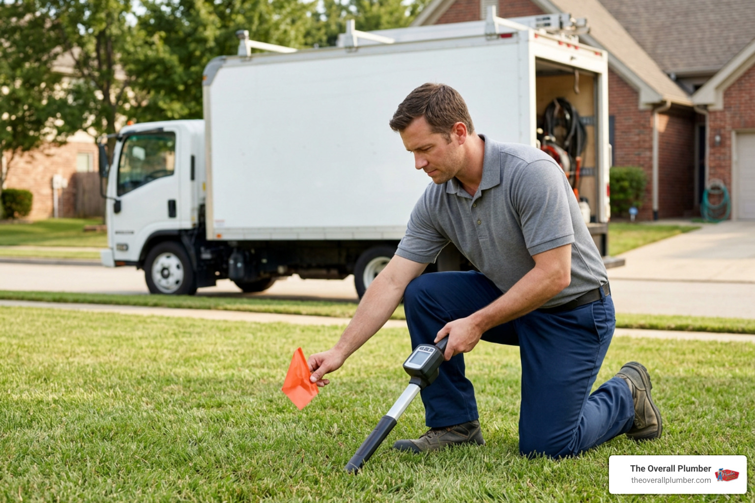 technician using 512Hz locator wand to mark pipe depth on lawn technician using 512Hz locator wand to mark pipe depth on lawn