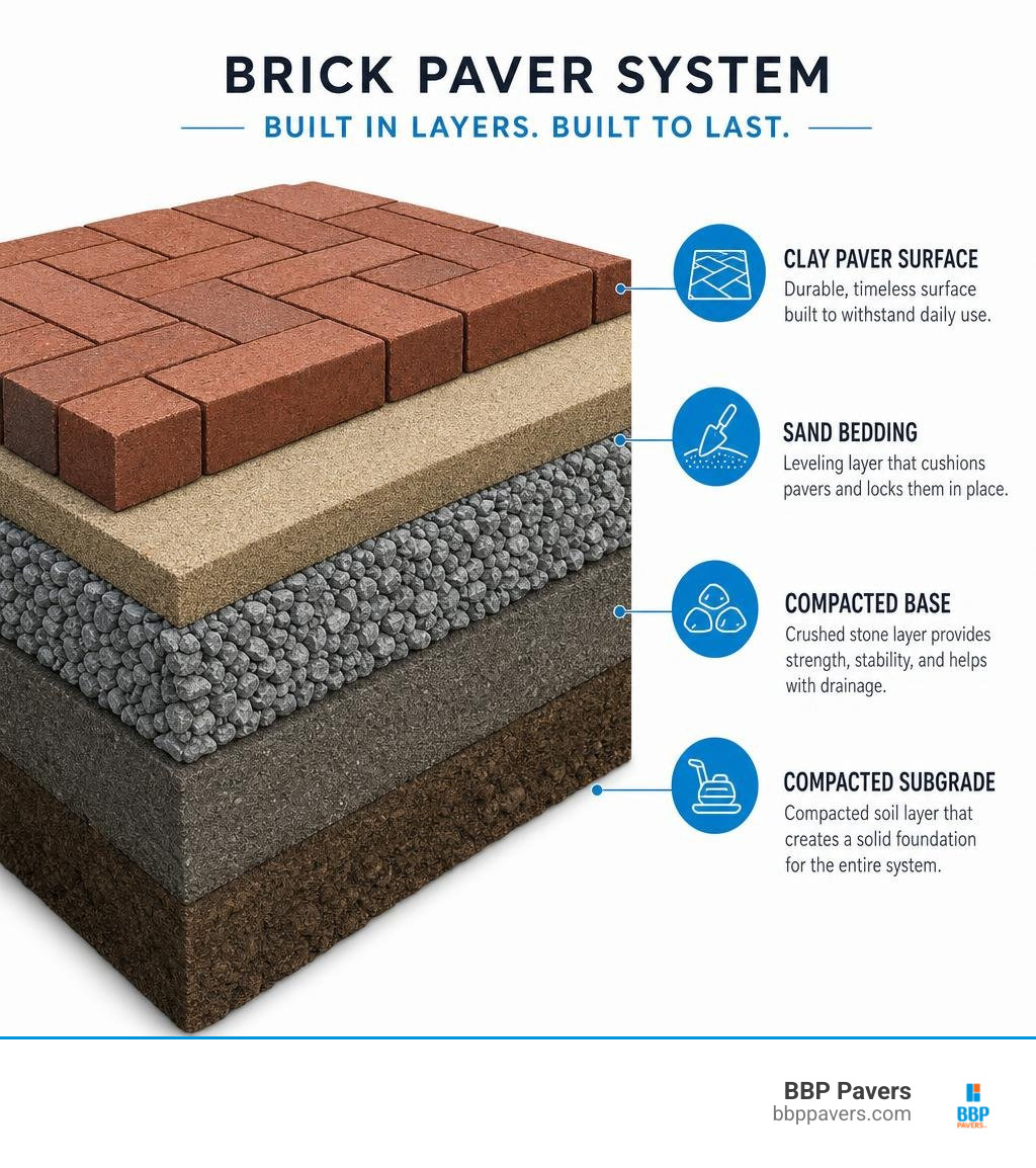 Brick paver system layers from clay paver surface to sand bedding and compacted base infographic Brick paver system layers from clay paver surface to sand bedding and compacted base infographic