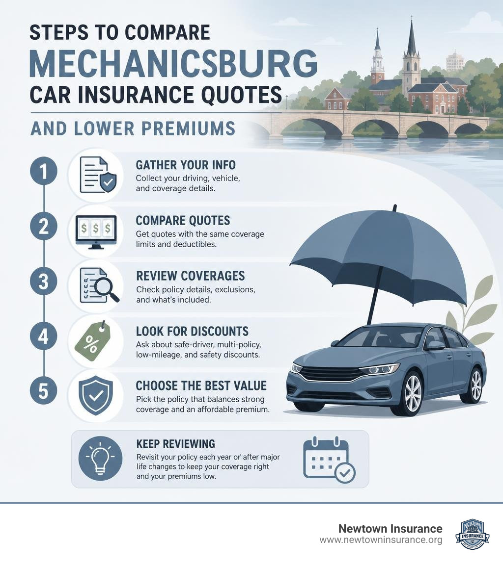Steps to compare Mechanicsburg car insurance quotes and lower premiums infographic