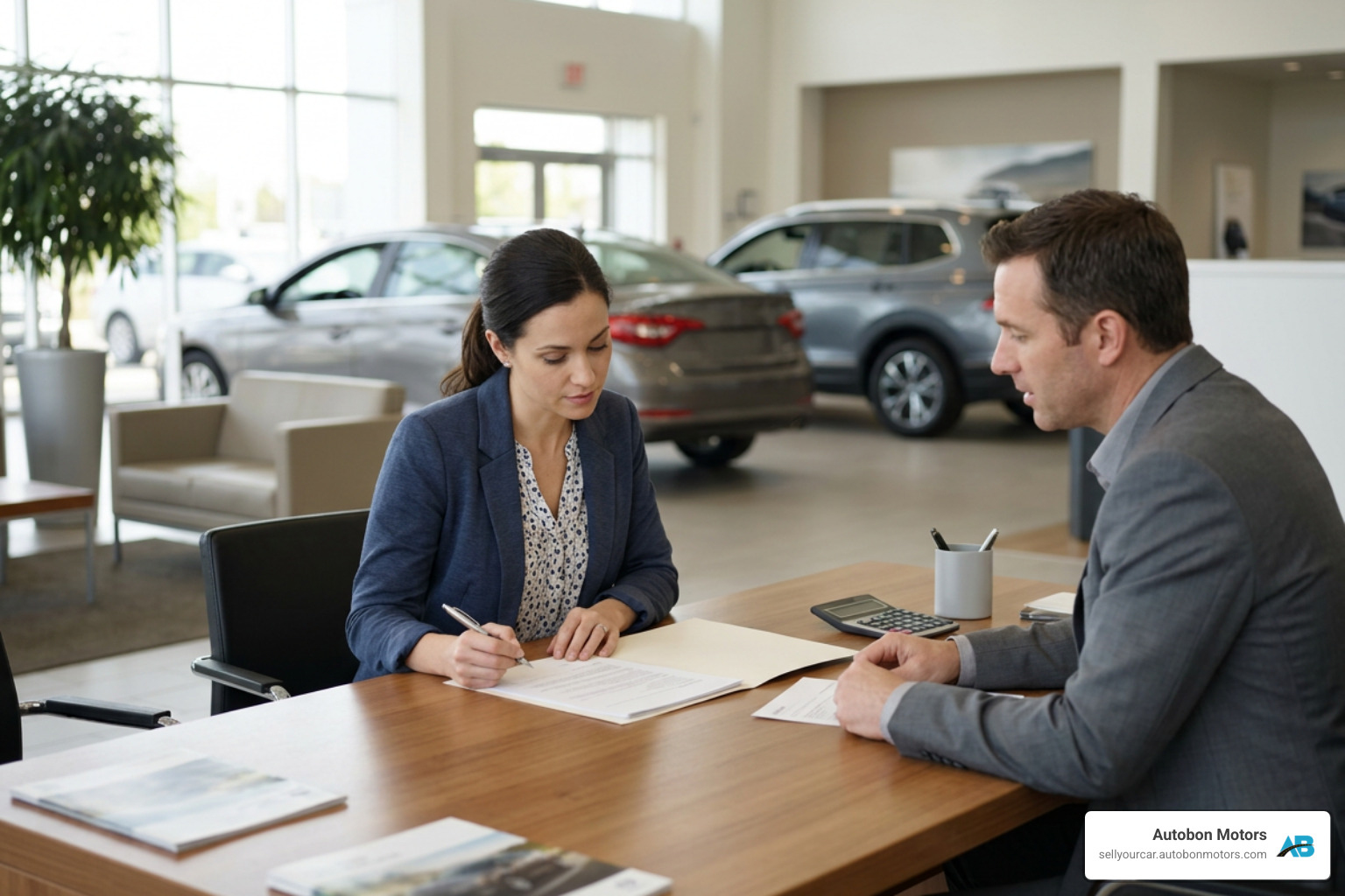 Car buyer reviewing vehicle purchase paperwork Car buyer reviewing vehicle purchase paperwork