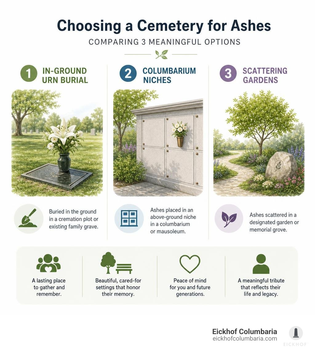 Comparison of in-ground urn burial, columbarium niches, and scattering gardens infographic