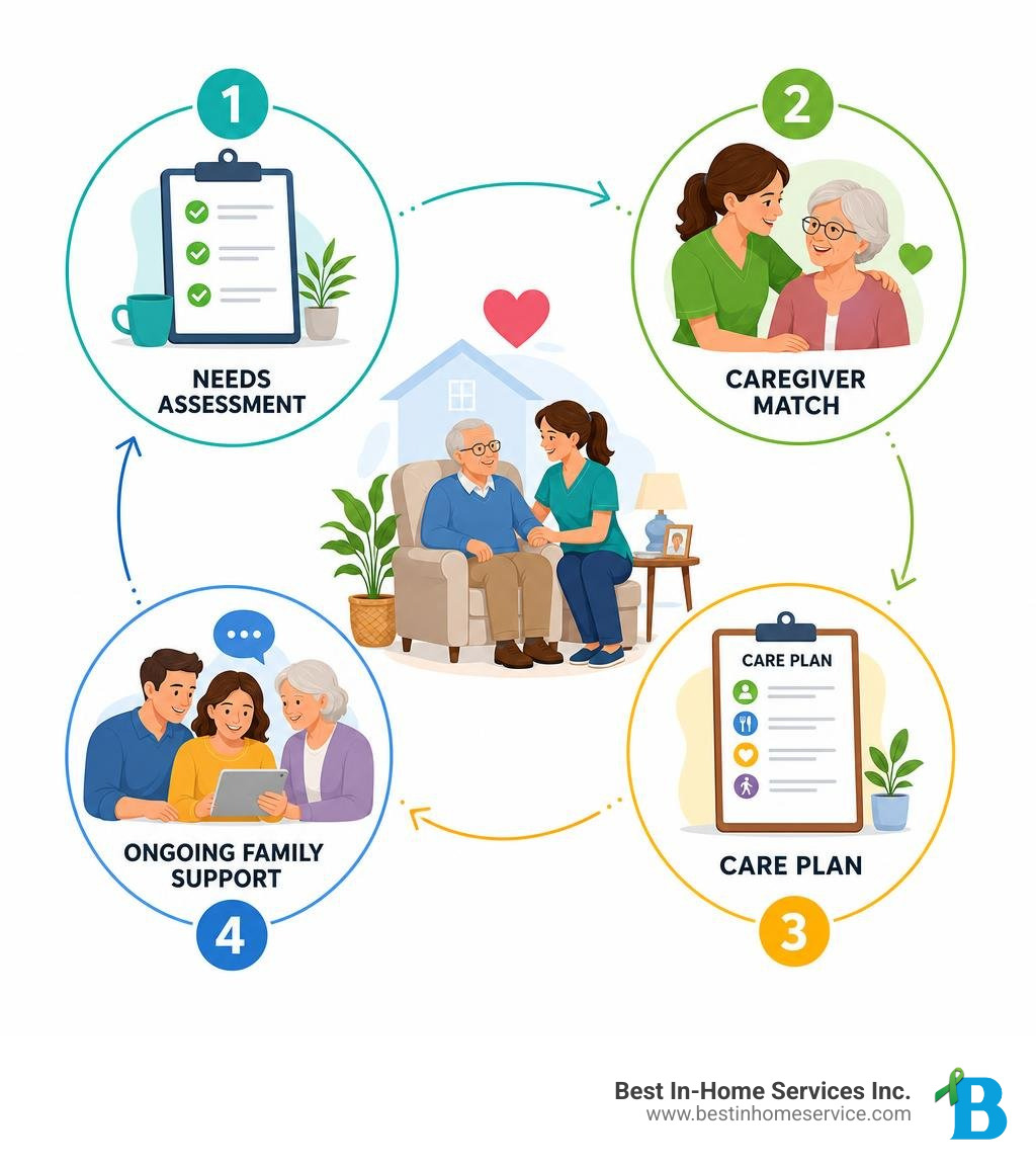 Infographic showing needs assessment, caregiver match, care plan, and ongoing family support infographic