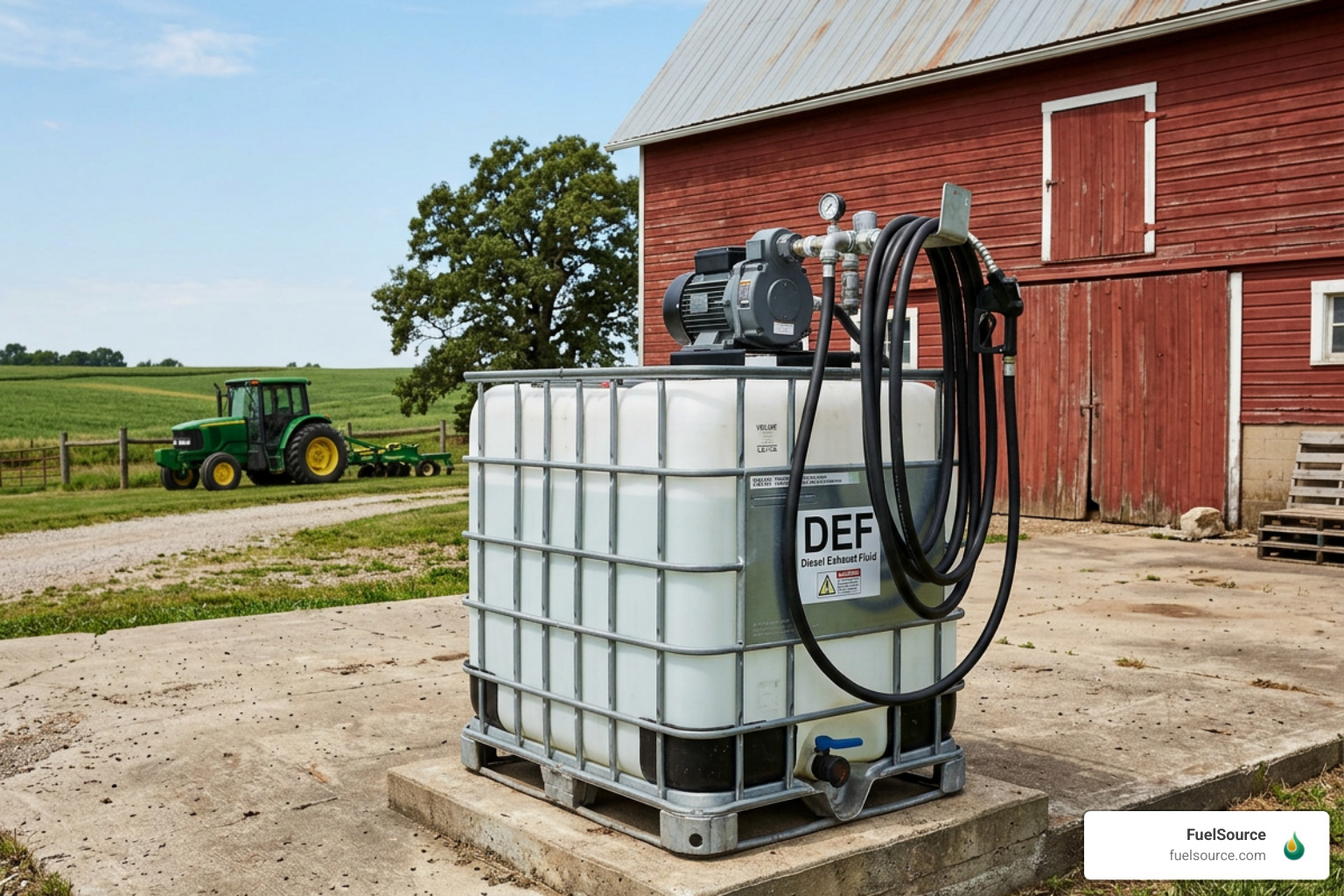 Approved bulk DEF storage tote and dispensing system on a farm Approved bulk DEF storage tote and dispensing system on a farm