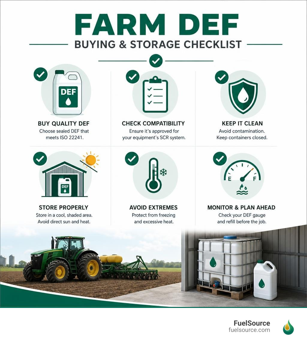 Farm DEF buying and storage checklist infographic Farm DEF buying and storage checklist infographic
