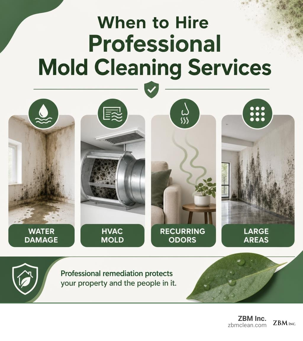 When to hire professional mold cleaning services: water damage, HVAC mold, recurring odors, large areas infographic