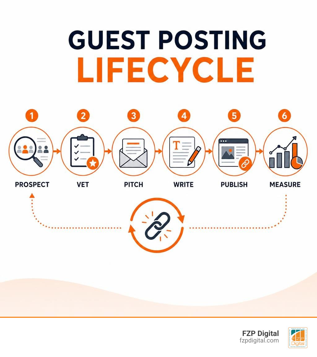 Guest posting lifecycle: prospect, vet, pitch, write, publish, measure infographic Guest posting lifecycle: prospect, vet, pitch, write, publish, measure infographic